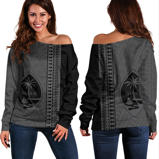 Guam Off Shoulder Sweatshirt Island Crest Chamorro Tribal Heritage