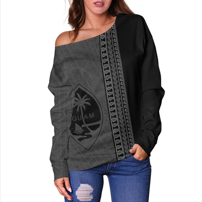 Guam Off Shoulder Sweatshirt Island Crest Chamorro Tribal Heritage
