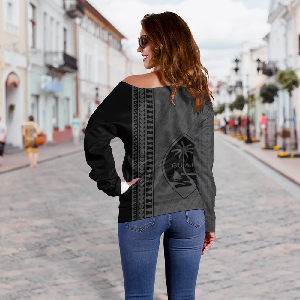 Guam Off Shoulder Sweatshirt Island Crest Chamorro Tribal Heritage