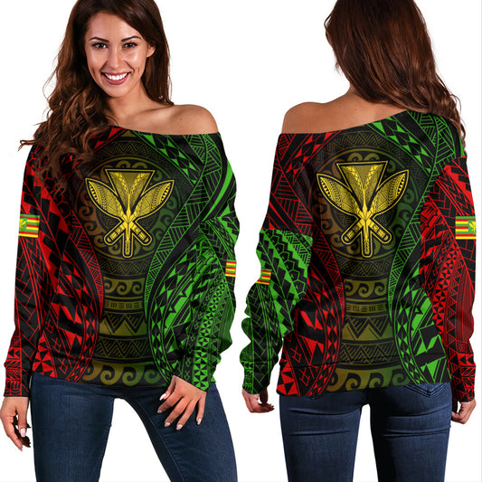 Hawaii Off Shoulder Sweatshirt Kanaka Maoli Flag Tribal Tattoo Pattern