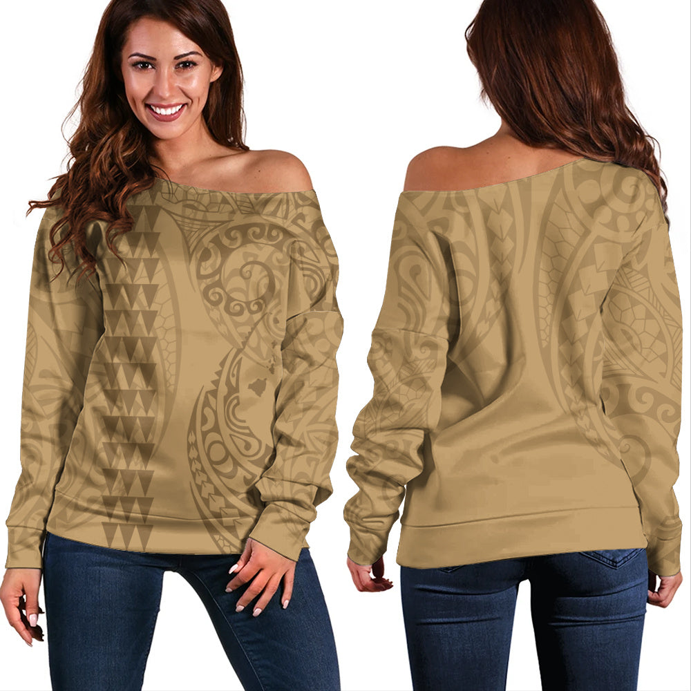 Hawaii Off Shoulder Sweatshirt Map Kakau Style Golden