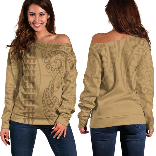 Hawaii Off Shoulder Sweatshirt Map Kakau Style Golden