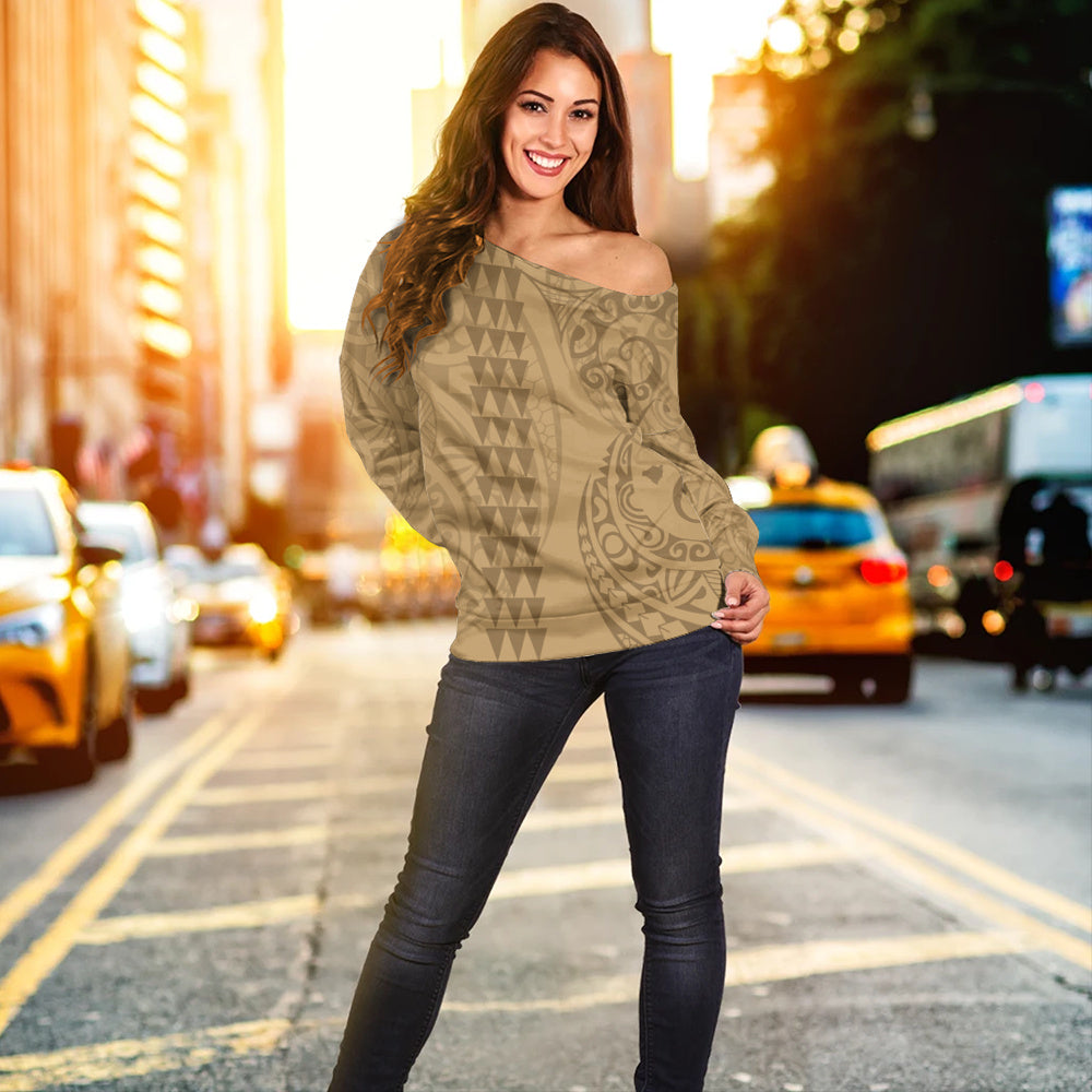 Hawaii Off Shoulder Sweatshirt Map Kakau Style Golden