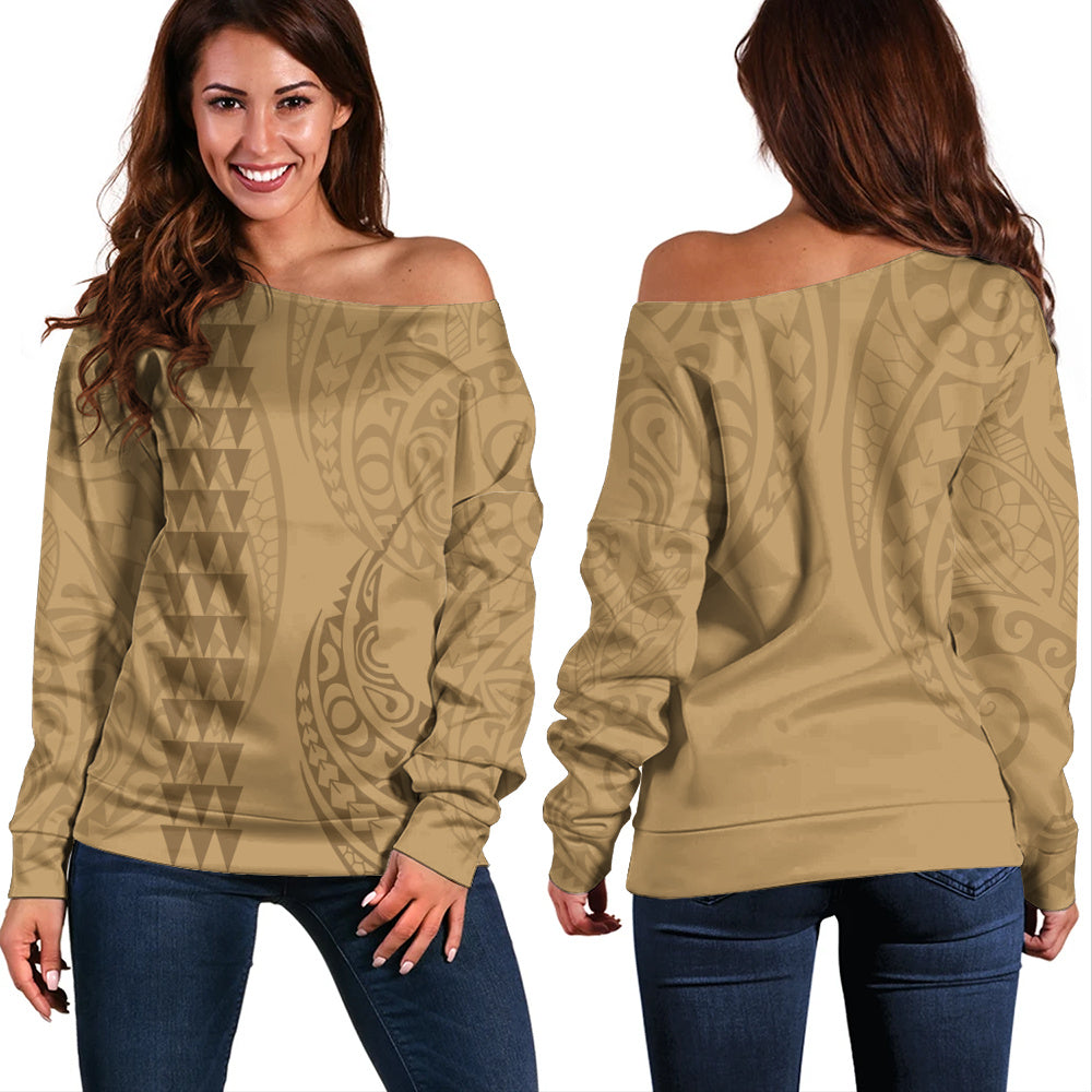 Hawaii Off Shoulder Sweatshirt Only Polynesian Kakau Style Golden