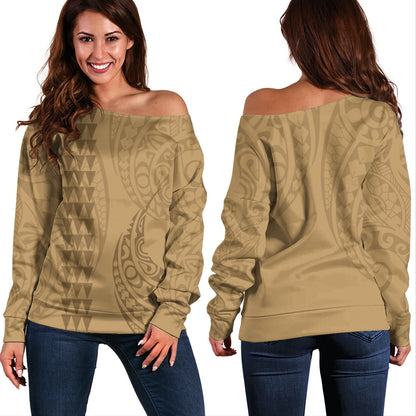 Hawaii Off Shoulder Sweatshirt Only Polynesian Kakau Style Golden
