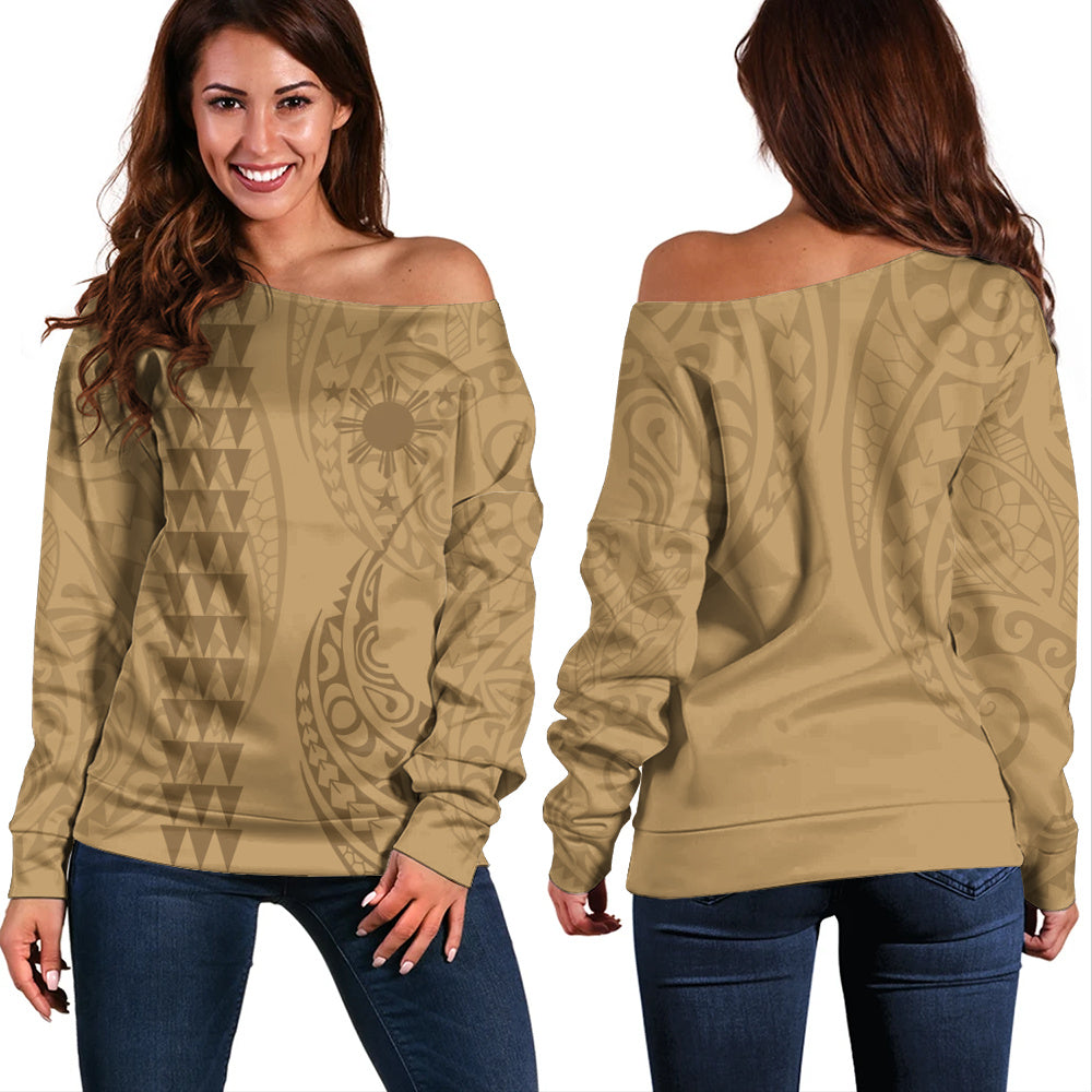 Philippines Filipinos Off Shoulder Sweatshirt Kakau Style Golden