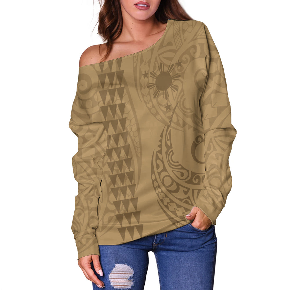 Philippines Filipinos Off Shoulder Sweatshirt Kakau Style Golden