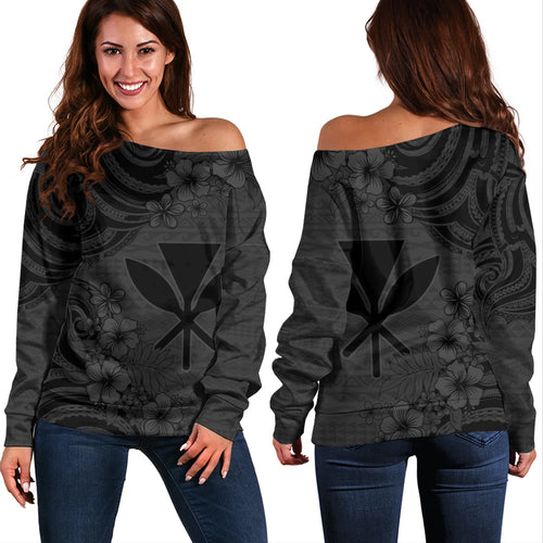 Hawaii Off Shoulder Sweatshirt Kanaka Maoli Hibiscus Polynesian Tribal Print Style