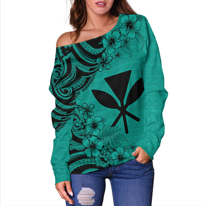 Hawaii Off Shoulder Sweatshirt Kanaka Maoli Hibiscus Polynesian Tribal Print Style