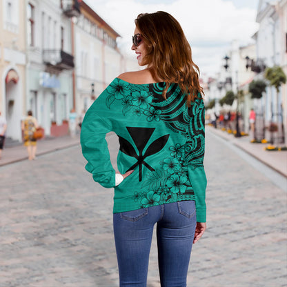 Hawaii Off Shoulder Sweatshirt Kanaka Maoli Hibiscus Polynesian Tribal Print Style