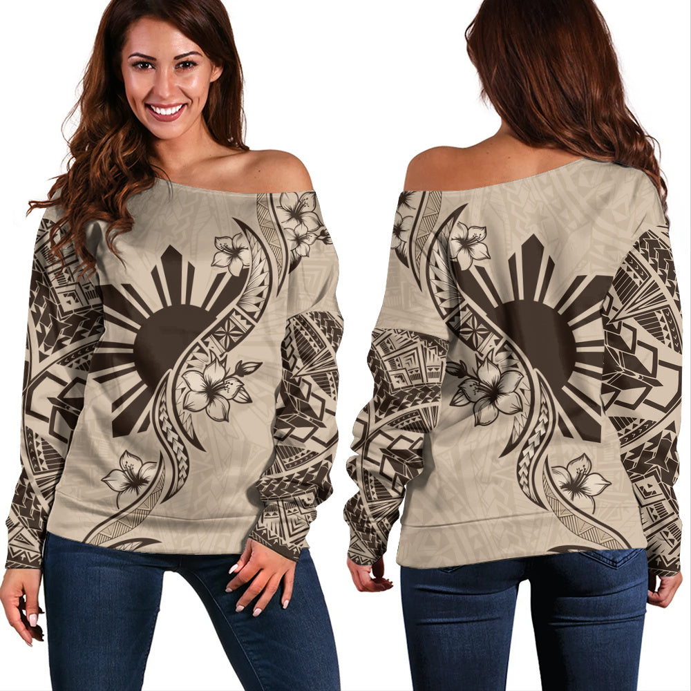 Philippines Filipinos Off Shoulder Sweatshirt Sun and Sampaguita Flower Tribal Pattern
