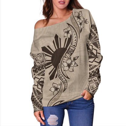 Philippines Filipinos Off Shoulder Sweatshirt Sun and Sampaguita Flower Tribal Pattern