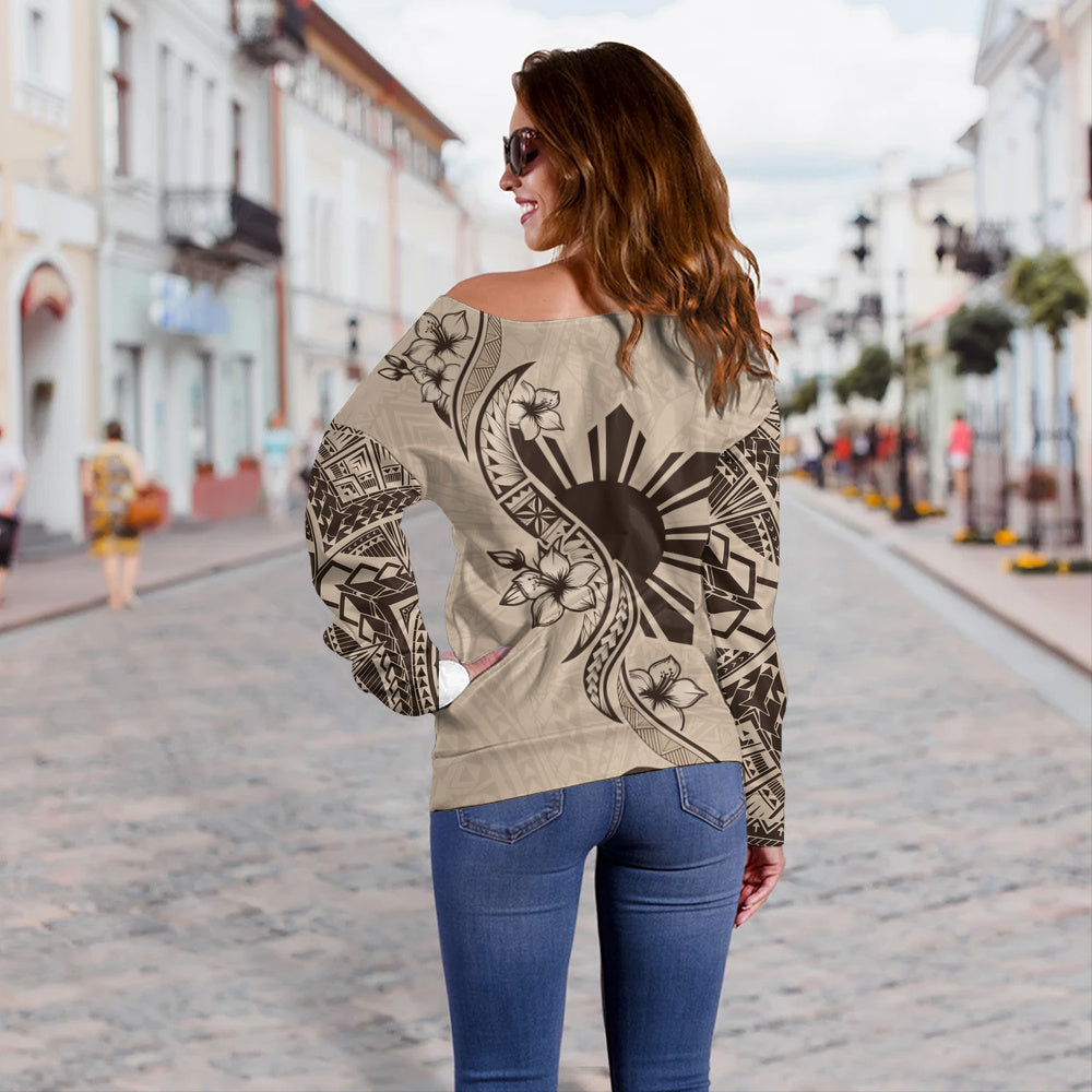 Philippines Filipinos Off Shoulder Sweatshirt Sun and Sampaguita Flower Tribal Pattern