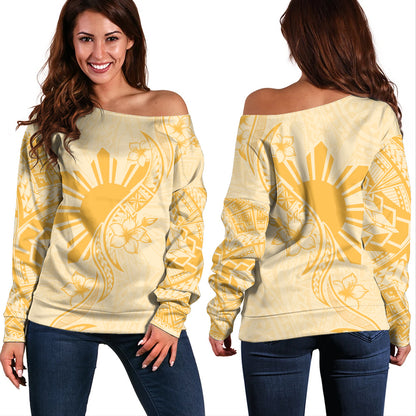 Philippines Filipinos Off Shoulder Sweatshirt Sun and Sampaguita Flower Tribal Pattern