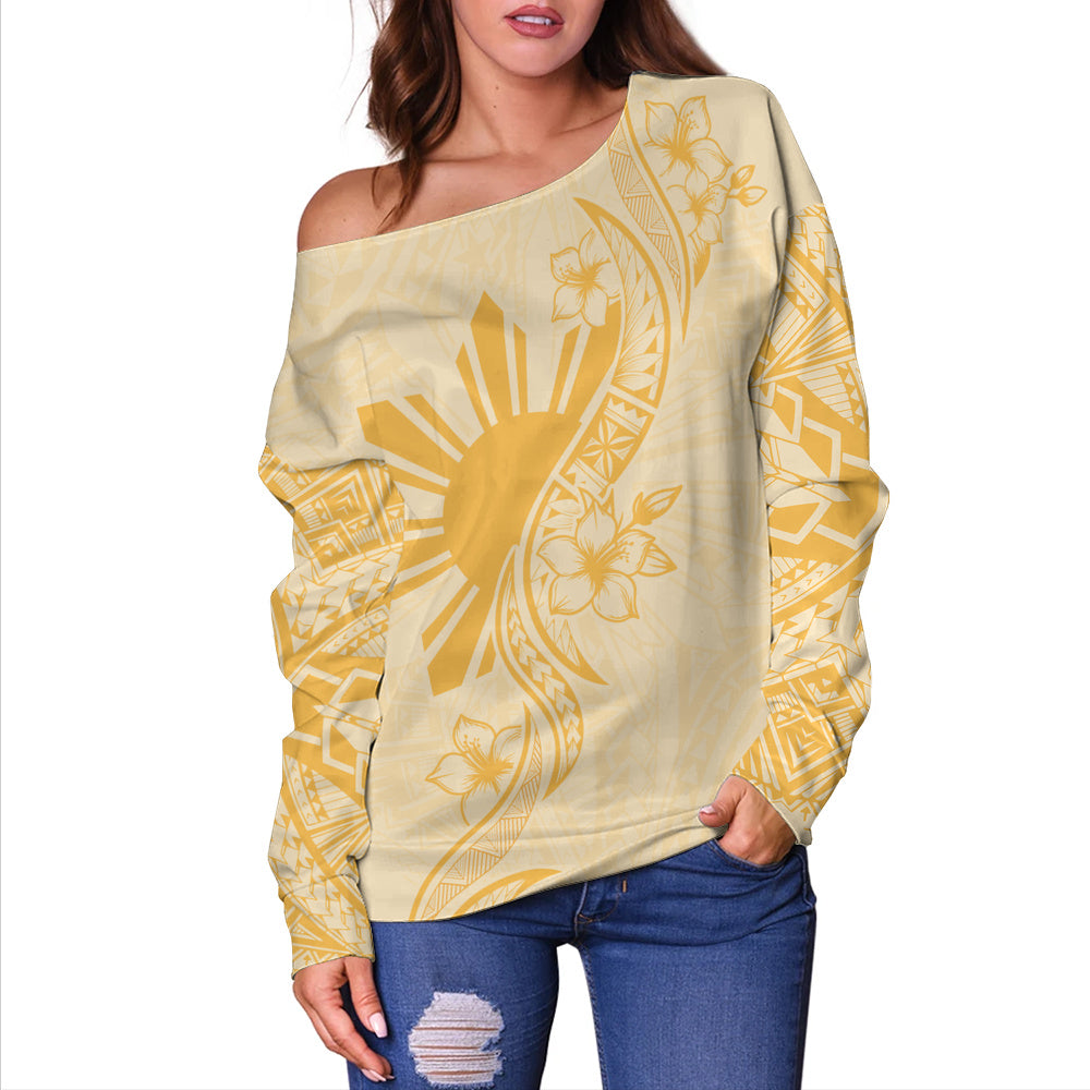 Philippines Filipinos Off Shoulder Sweatshirt Sun and Sampaguita Flower Tribal Pattern