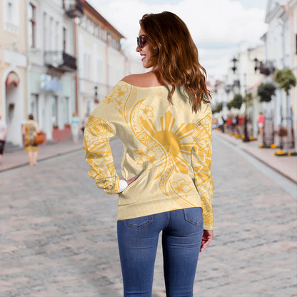 Philippines Filipinos Off Shoulder Sweatshirt Sun and Sampaguita Flower Tribal Pattern
