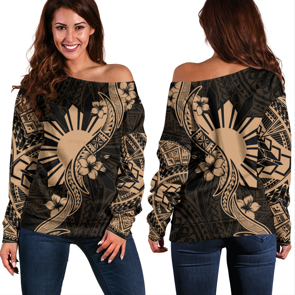 Philippines Filipinos Off Shoulder Sweatshirt Sun and Sampaguita Flower Tribal Pattern