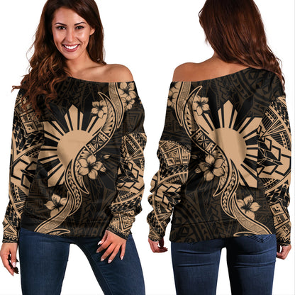Philippines Filipinos Off Shoulder Sweatshirt Sun and Sampaguita Flower Tribal Pattern