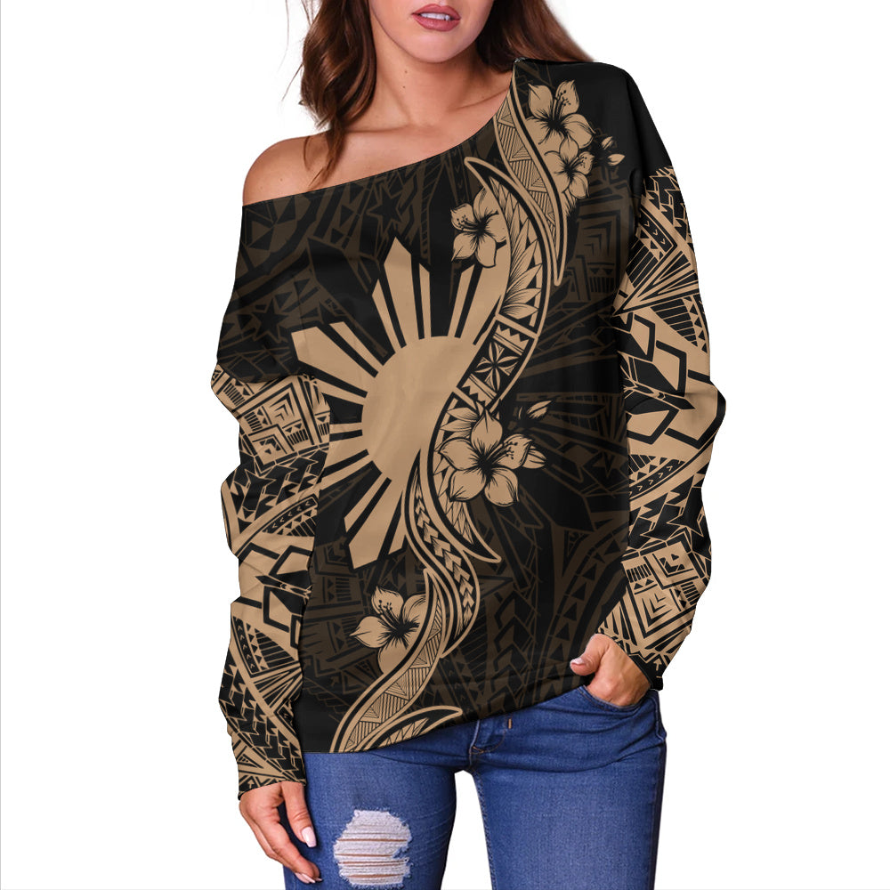 Philippines Filipinos Off Shoulder Sweatshirt Sun and Sampaguita Flower Tribal Pattern