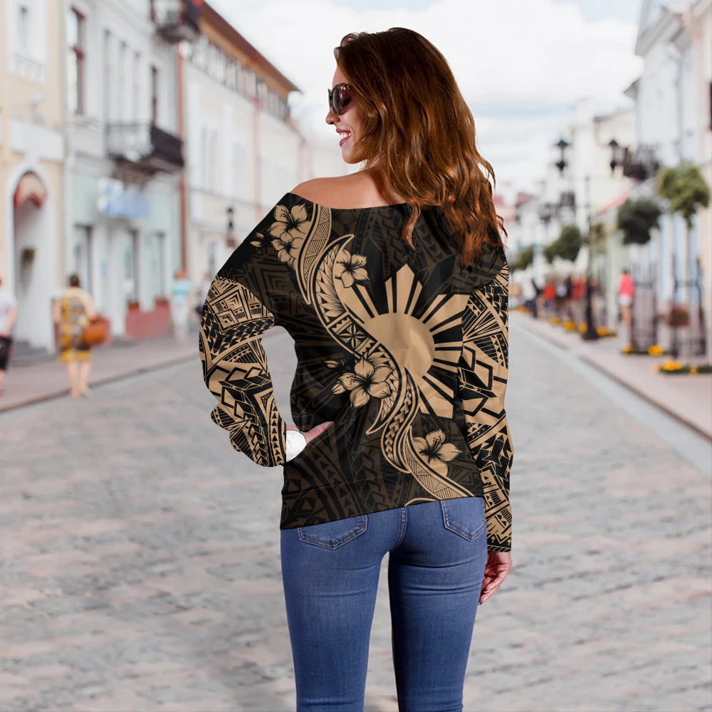 Philippines Filipinos Off Shoulder Sweatshirt Sun and Sampaguita Flower Tribal Pattern