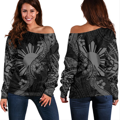 Philippines Filipinos Off Shoulder Sweatshirt Sun and Sampaguita Flower Tribal Pattern
