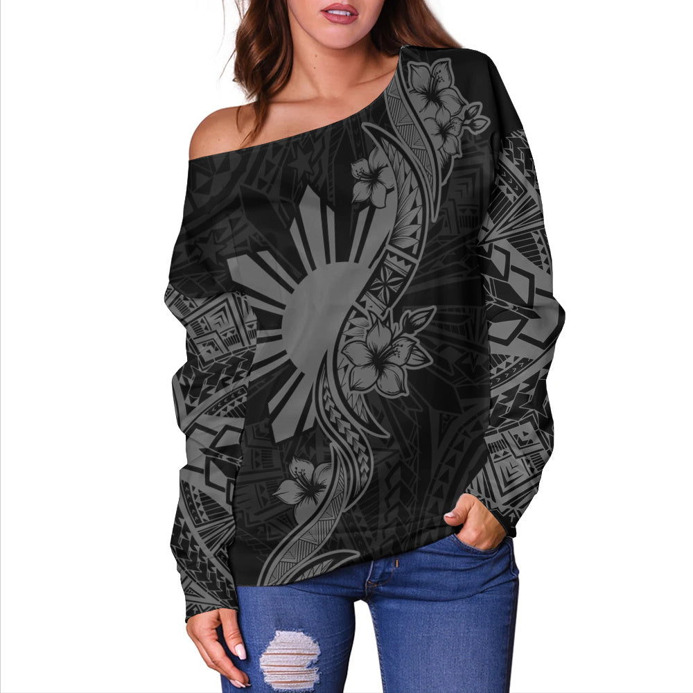 Philippines Filipinos Off Shoulder Sweatshirt Sun and Sampaguita Flower Tribal Pattern