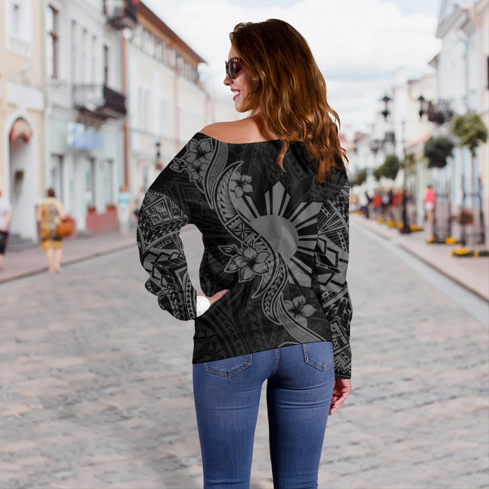 Philippines Filipinos Off Shoulder Sweatshirt Sun and Sampaguita Flower Tribal Pattern