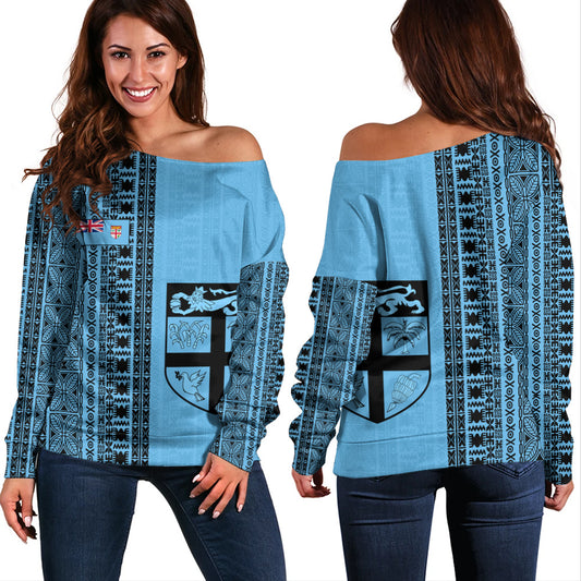 Fiji Off Shoulder Sweatshirt Fijian Flag National Crest Masi Tribal Heritage