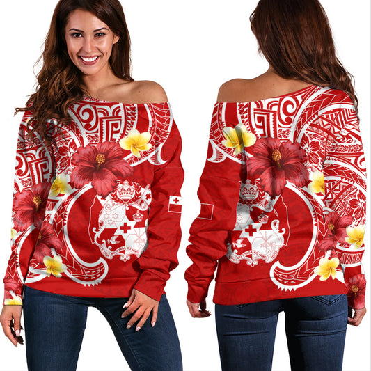 Tonga Off Shoulder Sweatshirt Royal Kingdom Crest Hibiscus Polynesian Tribal Heritage