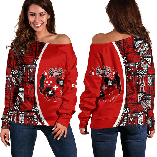 Tonga Off Shoulder Sweatshirt Royal Coat of Arms Traditional Tongan Tribal Heritage