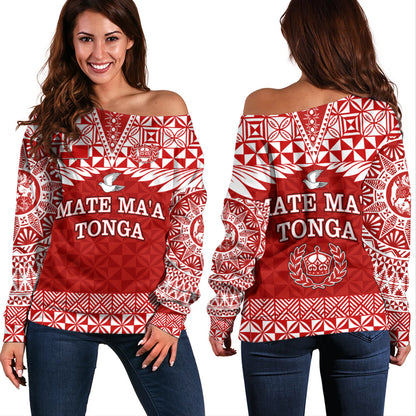 Tonga Off Shoulder Sweatshirt Mate Ma'a Tonga Rugby Royal Crown Polynesian Tribal Pride