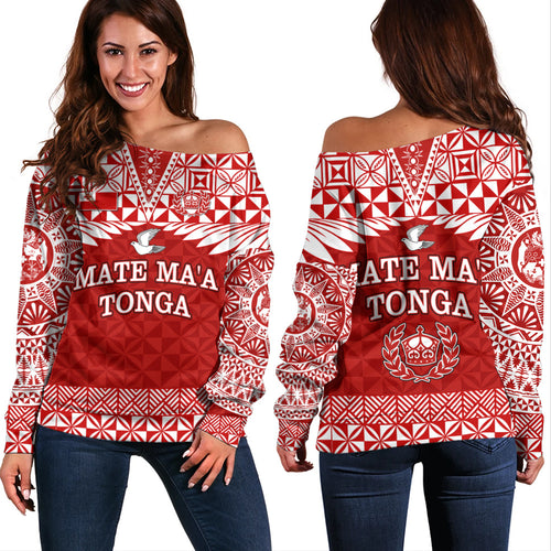 Tonga Off Shoulder Sweatshirt Mate Ma'a Tonga Rugby Royal Crown Polynesian Tribal Pride