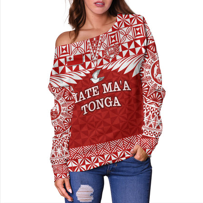 Tonga Off Shoulder Sweatshirt Mate Ma'a Tonga Rugby Royal Crown Polynesian Tribal Pride