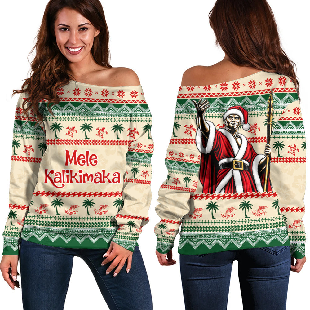 Hawaii Off Shoulder Sweatshirt Mele Kalikimaka King Kamehameha Santa Polynesian Tribal Heritage