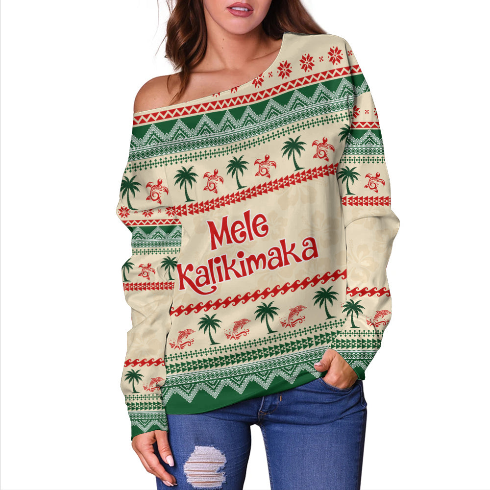 Hawaii Off Shoulder Sweatshirt Mele Kalikimaka King Kamehameha Santa Polynesian Tribal Heritage