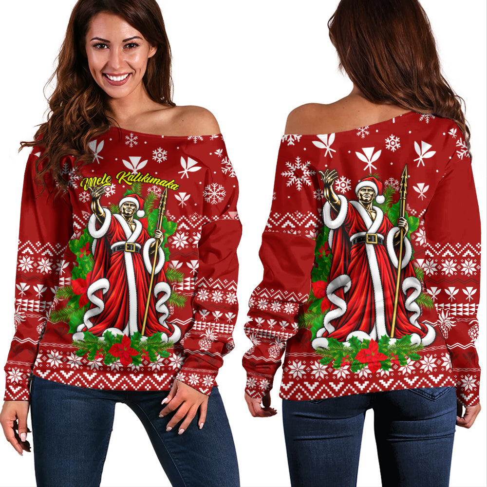 Hawaii Off Shoulder Sweatshirt Mele Kalikimaka King Kamehameha Santa Polynesian Holiday Spirit
