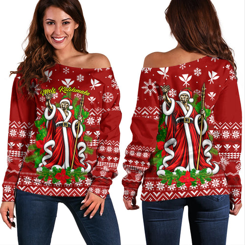 Hawaii Off Shoulder Sweatshirt Mele Kalikimaka King Kamehameha Santa Polynesian Holiday Spirit