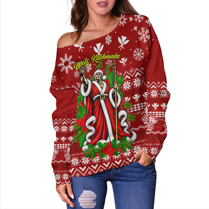 Hawaii Off Shoulder Sweatshirt Mele Kalikimaka King Kamehameha Santa Polynesian Holiday Spirit