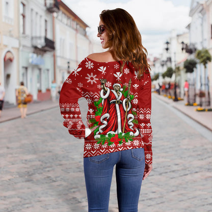 Hawaii Off Shoulder Sweatshirt Mele Kalikimaka King Kamehameha Santa Polynesian Holiday Spirit