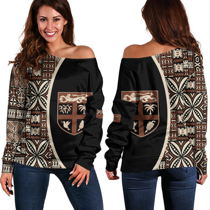 Fiji Off Shoulder Sweatshirt Coat Of Arms Traditional Fijian Tribal Heritage