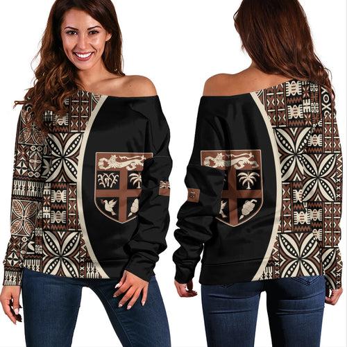 Fiji Off Shoulder Sweatshirt Coat Of Arms Traditional Fijian Tribal Heritage