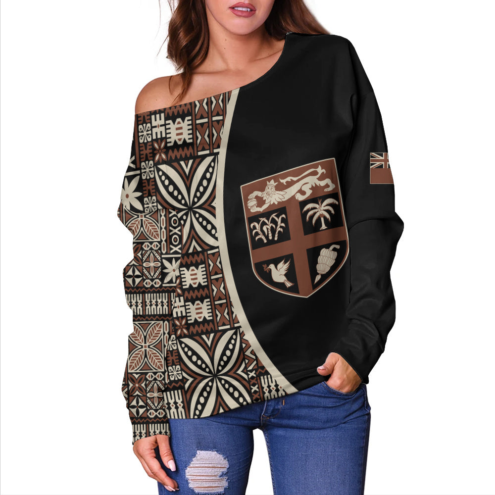 Fiji Off Shoulder Sweatshirt Coat Of Arms Traditional Fijian Tribal Heritage