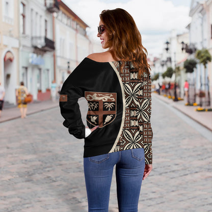 Fiji Off Shoulder Sweatshirt Coat Of Arms Traditional Fijian Tribal Heritage