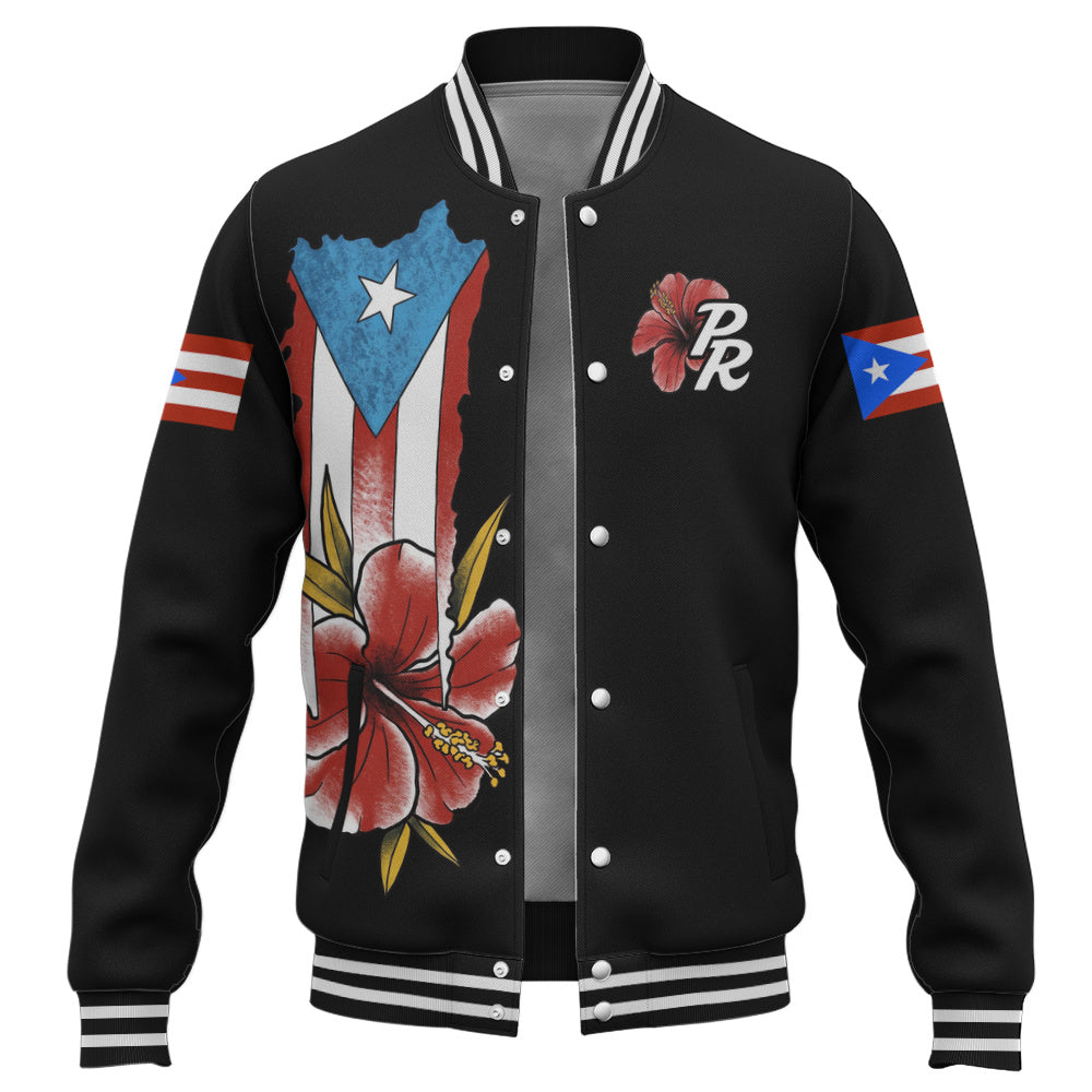 Puerto Rico Baseball Jacket Black Puerto Rican Flag Hibiscus Floral Boricua Pride