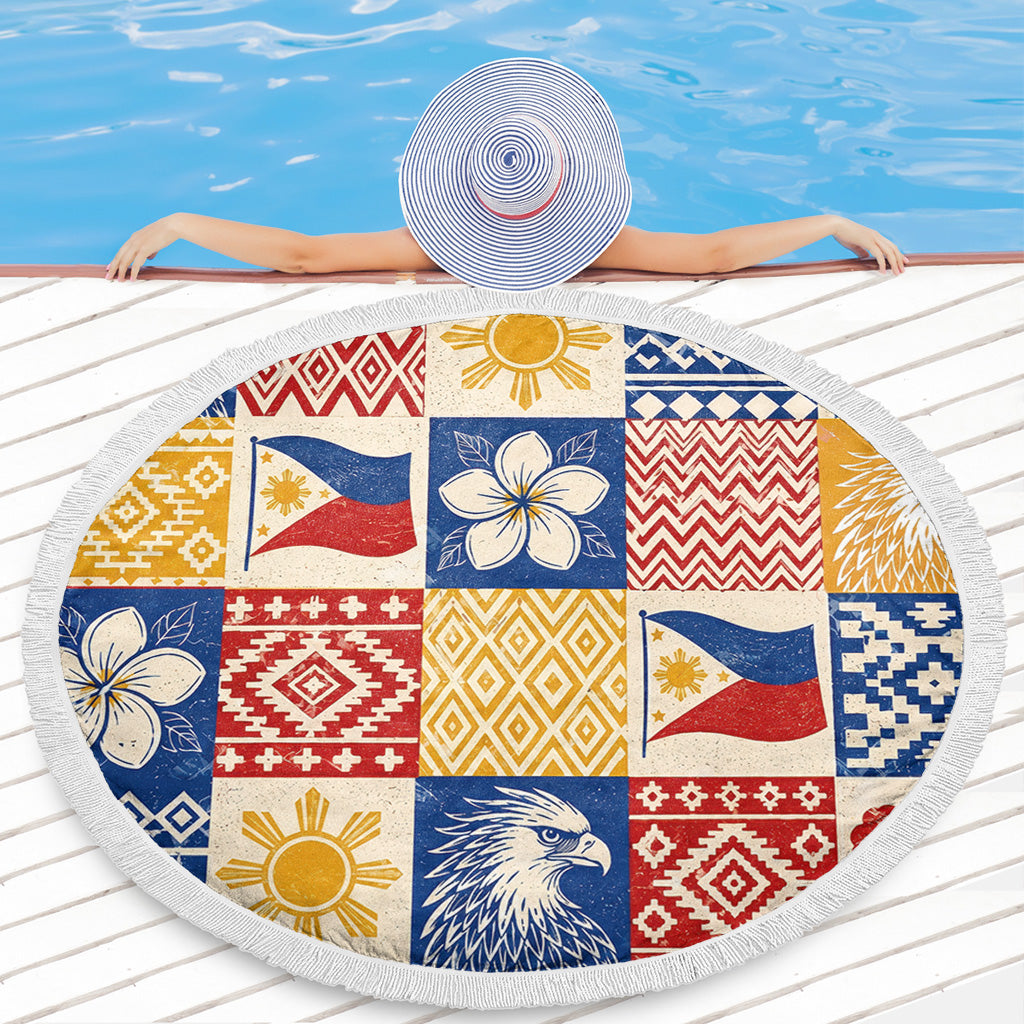 Philippines Filipinos Beach Blanket Eagle Sun Flag Sampaguita Geometric Quilt Style