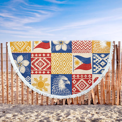 Philippines Filipinos Beach Blanket Eagle Sun Flag Sampaguita Geometric Quilt Style