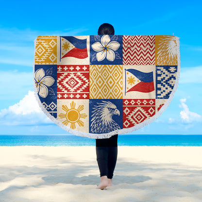 Philippines Filipinos Beach Blanket Eagle Sun Flag Sampaguita Geometric Quilt Style