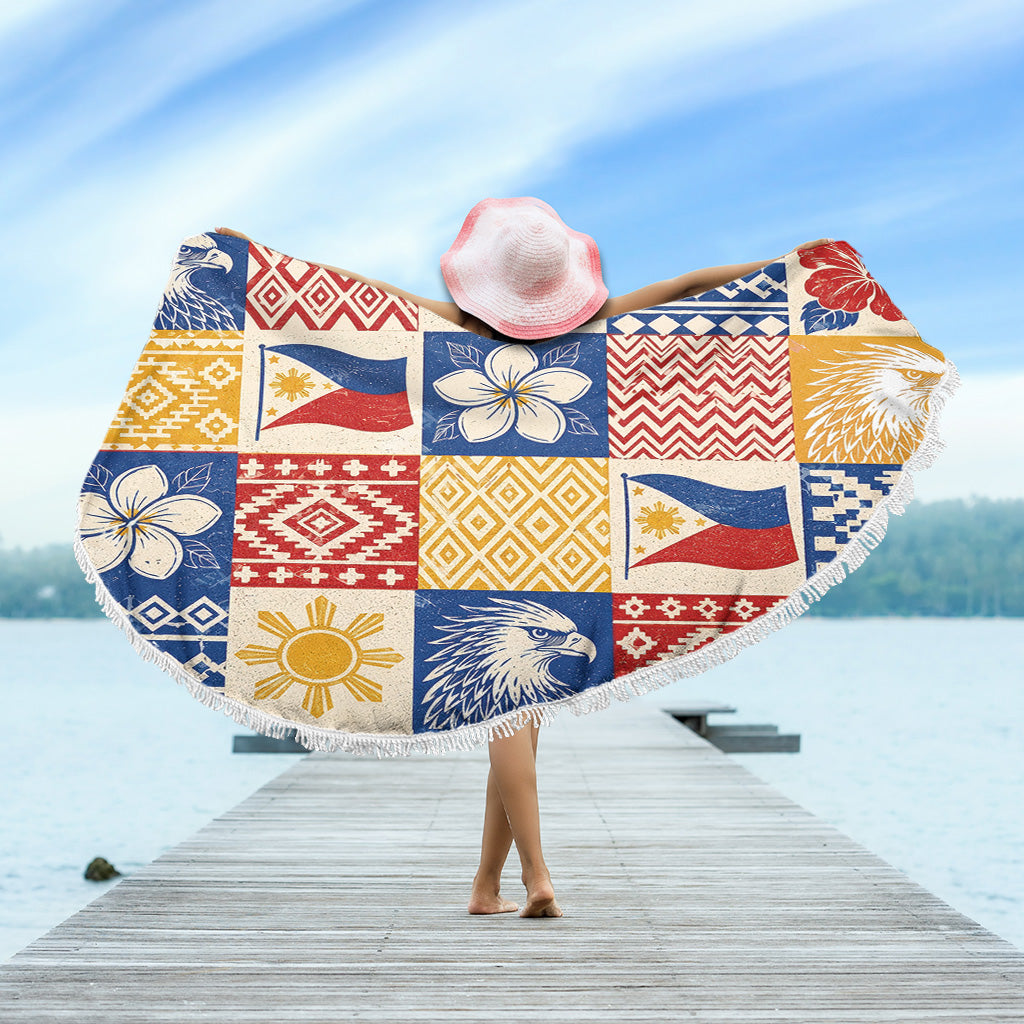 Philippines Filipinos Beach Blanket Eagle Sun Flag Sampaguita Geometric Quilt Style