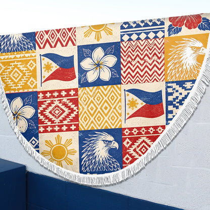 Philippines Filipinos Beach Blanket Eagle Sun Flag Sampaguita Geometric Quilt Style