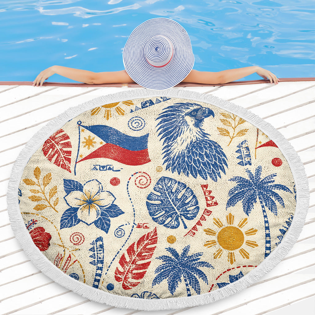 Philippines Filipinos Beach Blanket Eagle Sun Flag Tropical Floral Vintage Stamp Style